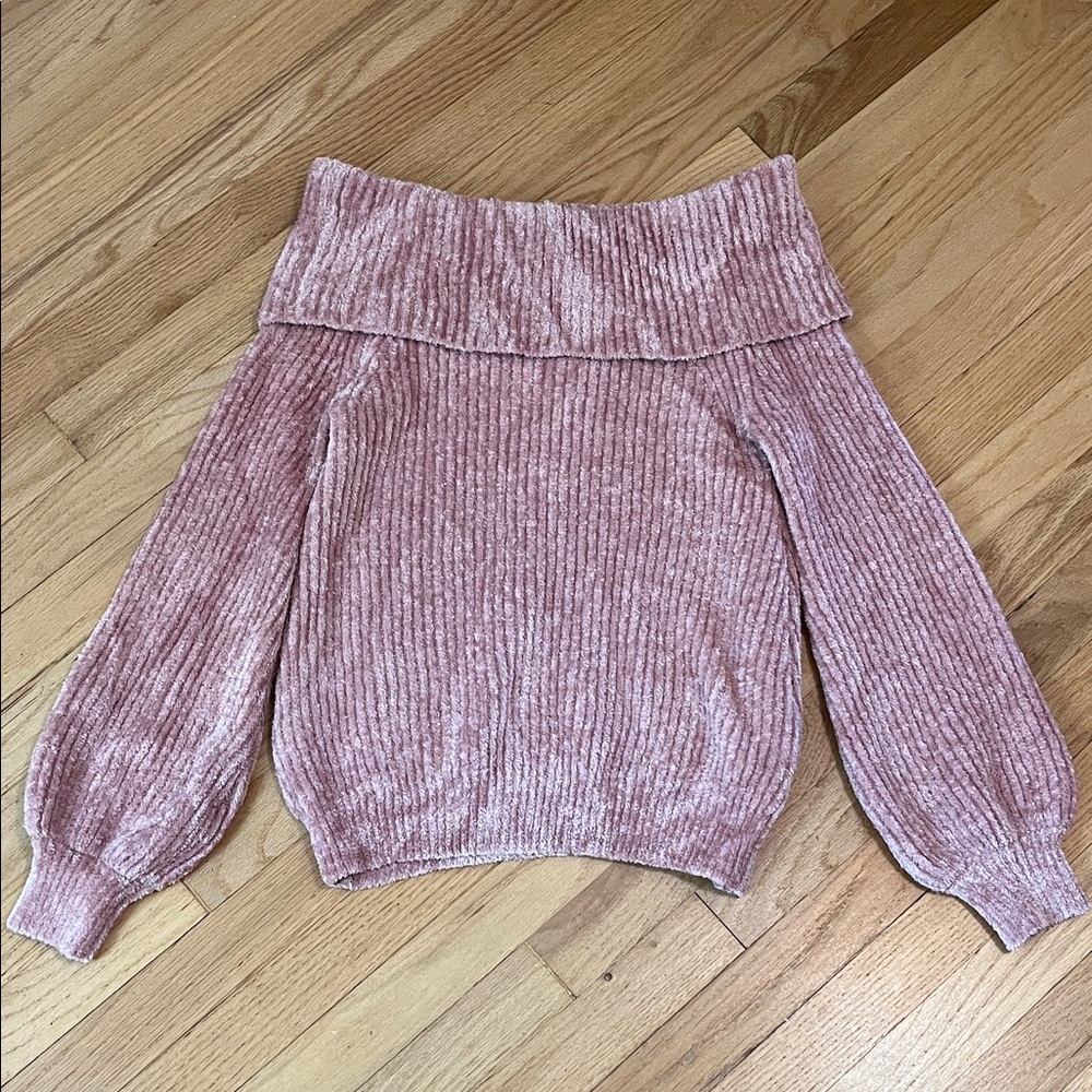 Sweater Top Woman’s Small Blush Pink Off-the-Shoulder Ribbed Soft Balloon Sleeve
